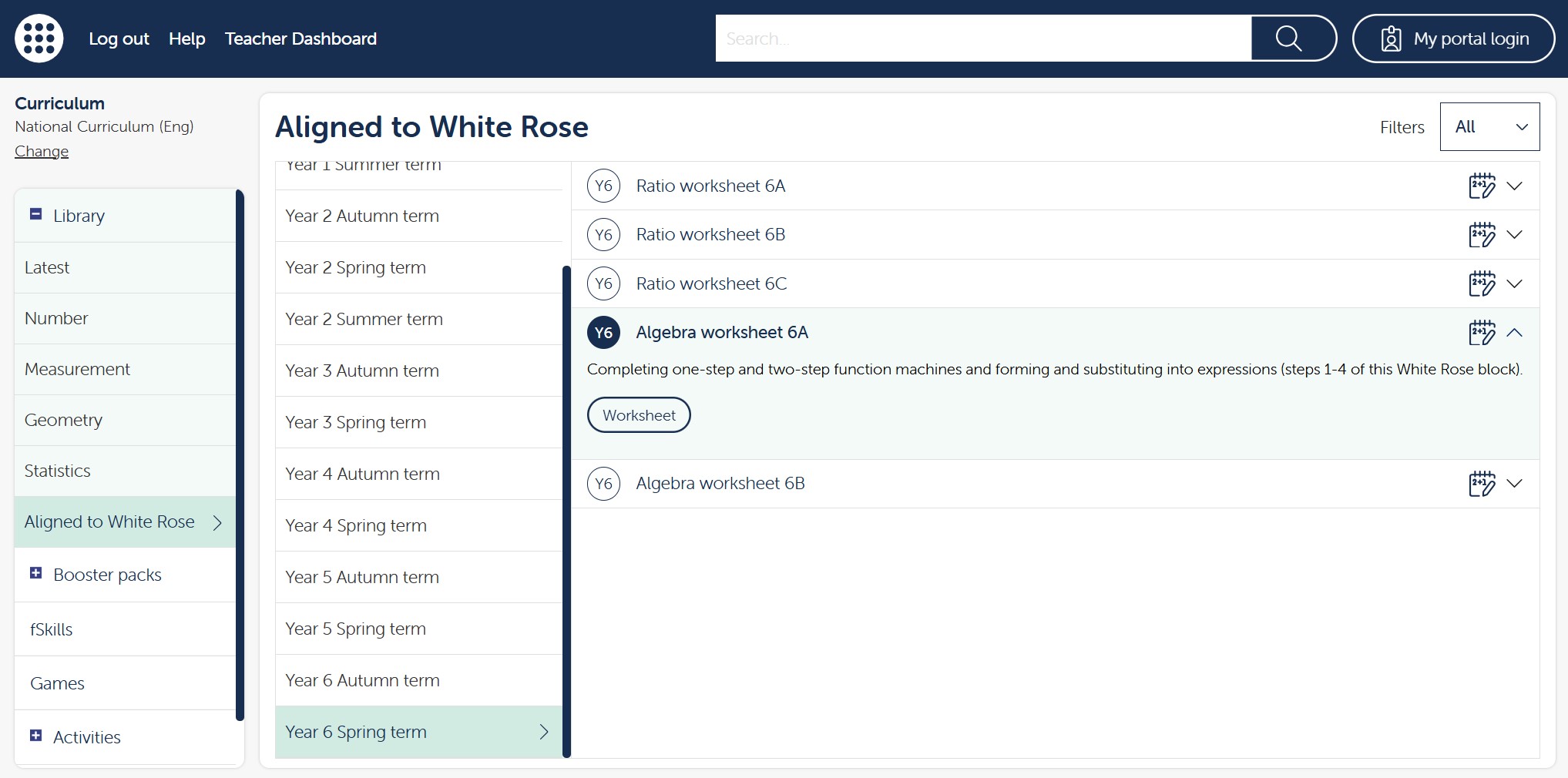 The image shows a list of worksheet tasks in the ‘Aligned to White Rose’ section of the Library within the ‘National Curriculum (Eng)’ curriculum view. The task selected is “Algebra worksheet 6A” and the task description shown is “Completing one-step and two-step function machines and forming and substituting into expressions (steps 1-4 of this White Rose block).”